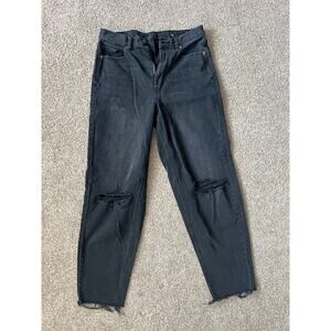 American Eagle Distressed Relaxed Mom Jeans Size 8L Black Frayed Raw Hem Goth